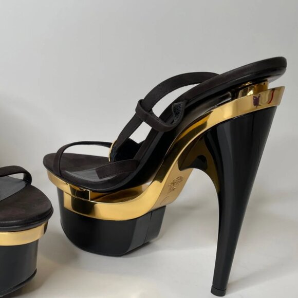 Versace Shoes - Versace Black & Gold Medusa Triple Platform Swarovski Crystals Sandals Heels